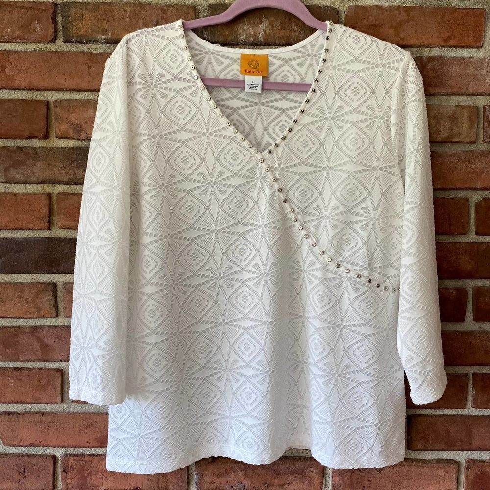Ruby Rd Lace Beaded V-Neck Top White Large